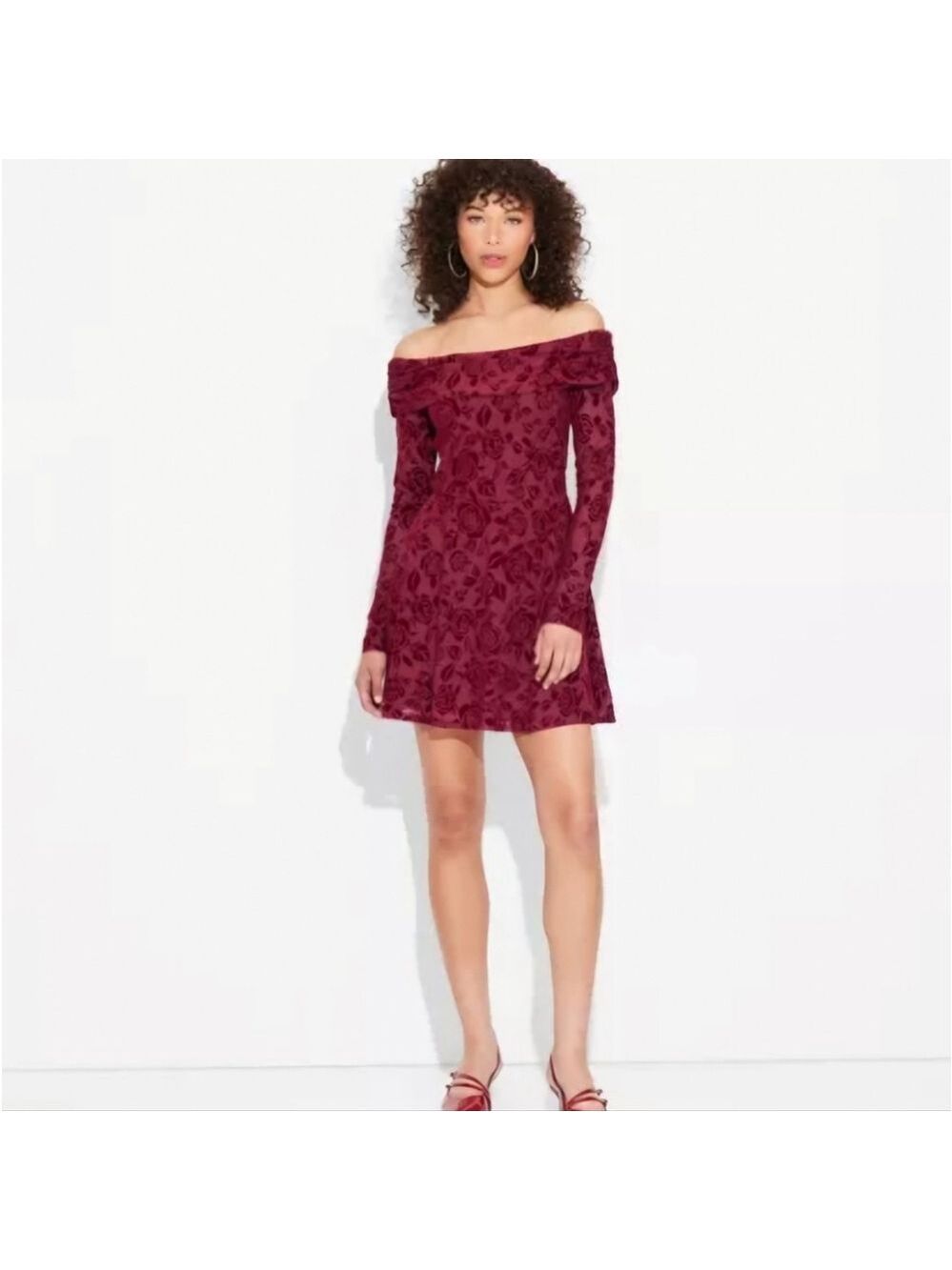 Wild Fable off shoulder Long Sleeve Flocked Mini Fit and Flare Holiday Dress - Picture 2 of 9
